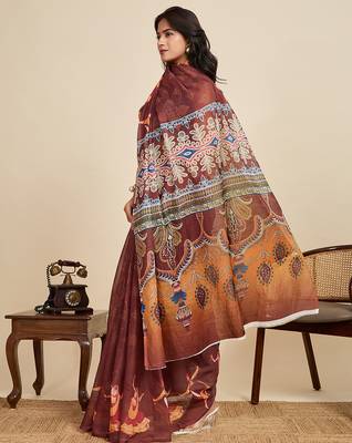 Brown printed linan kalamkari saree with blouse 3