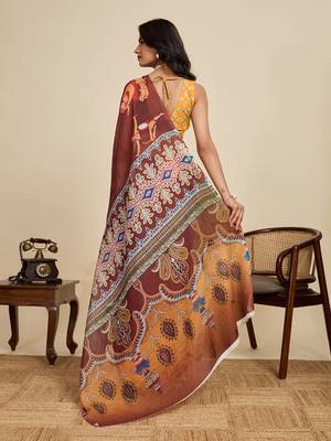 Brown printed linan kalamkari saree with blouse 4