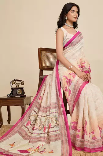 Off white printed linan kalamkari saree with blouse