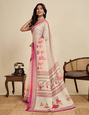 Off white printed linan kalamkari saree with blouse 3
