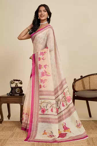Off white printed linan kalamkari saree with blouse