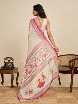 Off white printed linan kalamkari saree with blouse 4