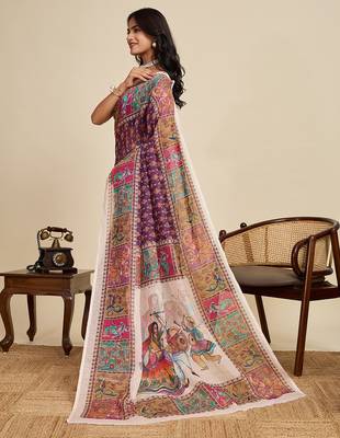Purple printed linan kalamkari saree with blouse 3