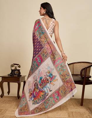 Purple printed linan kalamkari saree with blouse 4