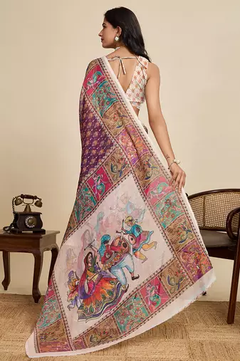 Purple printed linan kalamkari saree with blouse