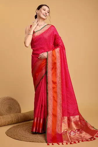 Dark pink woven checkered pure silk banarasi saree with blouse