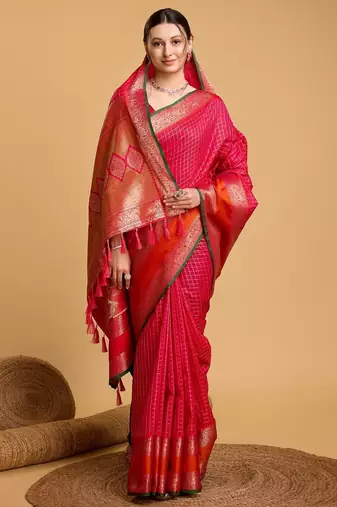 Dark pink woven checkered pure silk banarasi saree with blouse