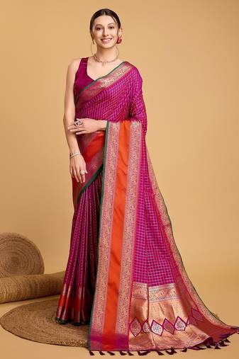 Neon pink woven checkered pure silk banarasi saree with blouse