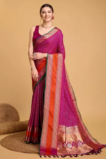 Neon pink woven checkered pure silk banarasi saree with blouse