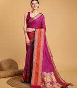 Neon pink woven checkered pure silk banarasi saree with blouse