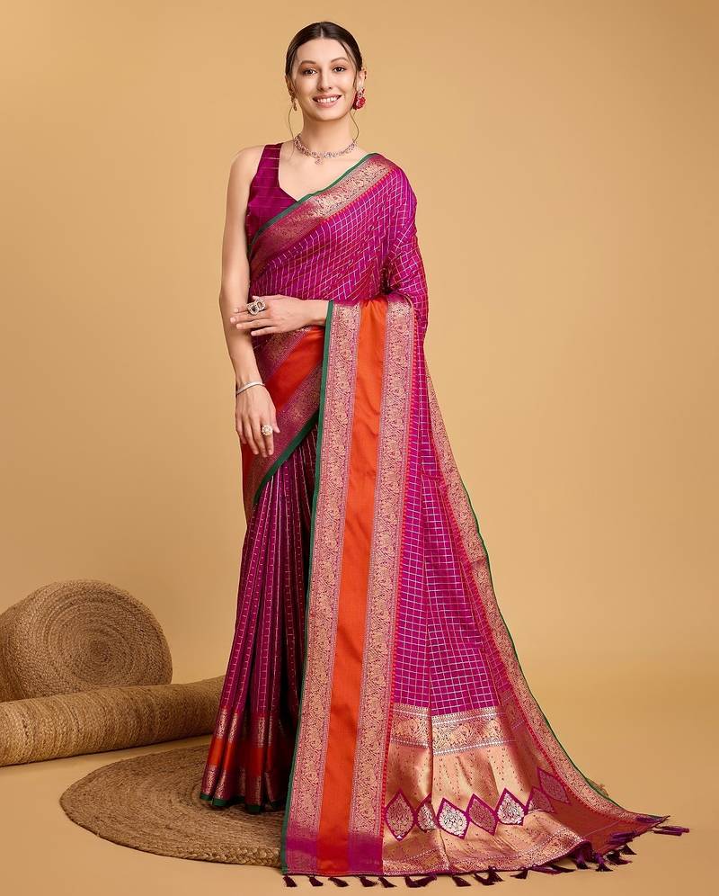 Neon pink woven checkered pure silk banarasi saree with blouse