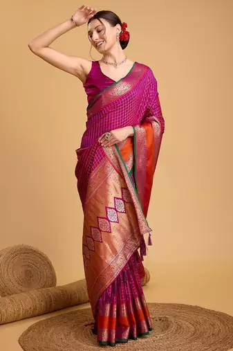 Neon pink woven checkered pure silk banarasi saree with blouse