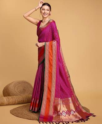 Neon pink woven checkered pure silk banarasi saree with blouse 3