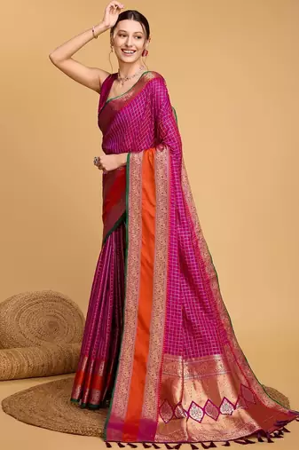 Neon pink woven checkered pure silk banarasi saree with blouse