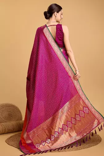 Neon pink woven checkered pure silk banarasi saree with blouse