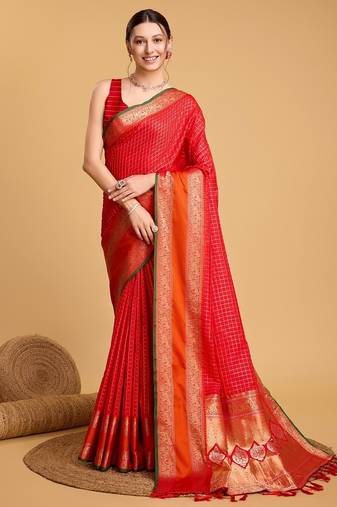 Red woven checkered pure silk banarasi saree with blouse