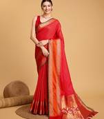 Red woven checkered pure silk banarasi saree with blouse