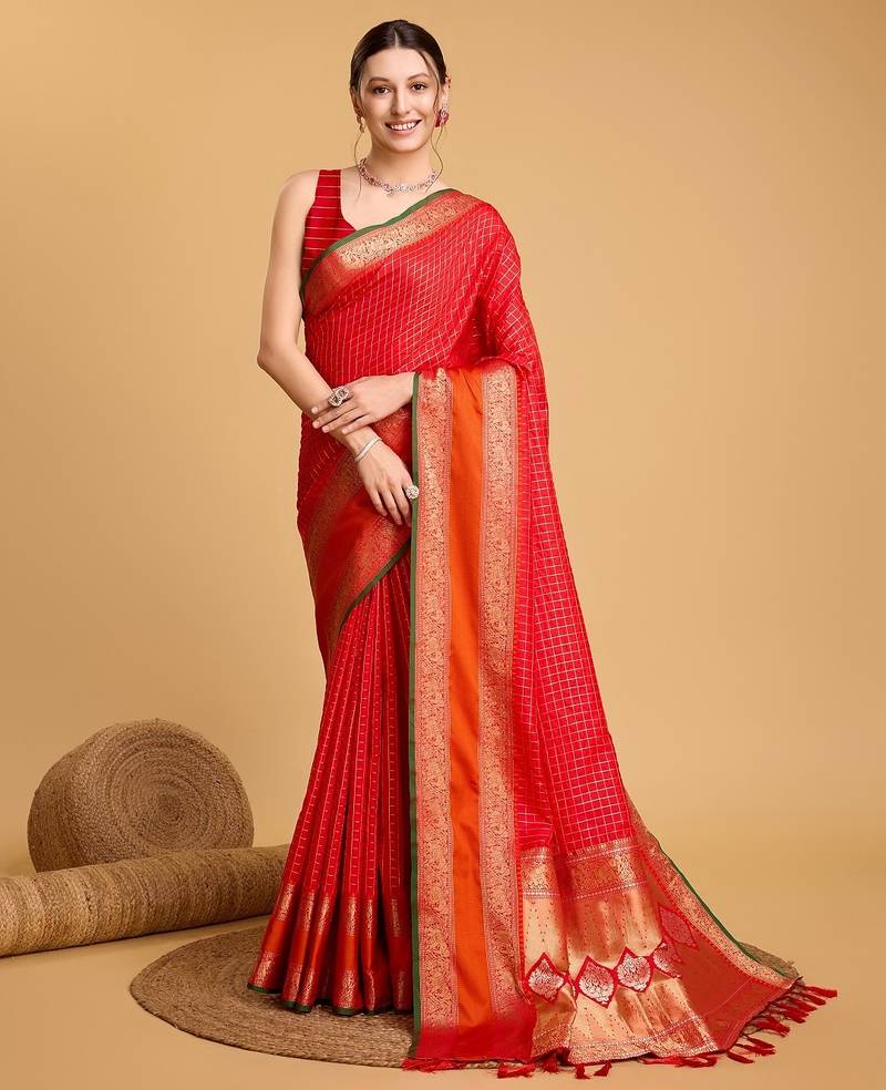 Red woven checkered pure silk banarasi saree with blouse