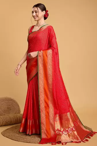 Red woven checkered pure silk banarasi saree with blouse
