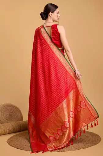 Red woven checkered pure silk banarasi saree with blouse