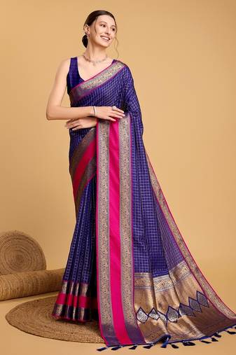 Royal blue woven checkered pure silk banarasi saree with blouse
