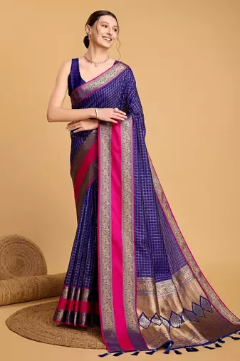 Royal blue woven checkered pure silk banarasi saree with blouse