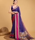 Royal blue woven checkered pure silk banarasi saree with blouse