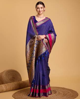 Royal blue woven checkered pure silk banarasi saree with blouse 2