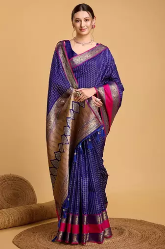 Royal blue woven checkered pure silk banarasi saree with blouse