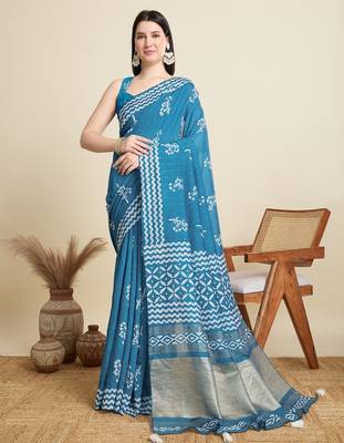 Blue printed color block embellished cotton silk bollywood saree with blouse 1