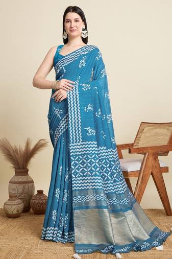 Blue printed color block embellished cotton silk bollywood saree with blouse