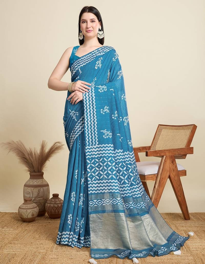 Blue printed color block embellished cotton silk bollywood saree with blouse
