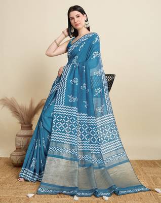 Blue printed color block embellished cotton silk bollywood saree with blouse 2