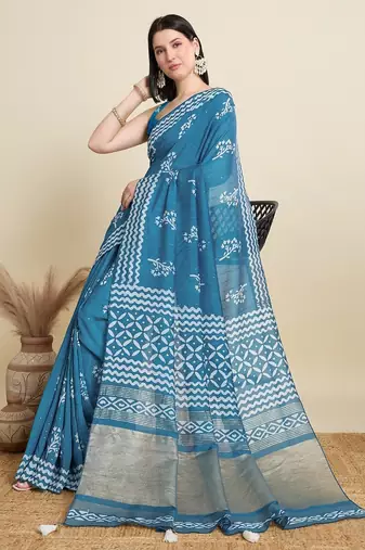 Blue printed color block embellished cotton silk bollywood saree with blouse