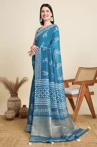 Blue printed color block embellished cotton silk bollywood saree with blouse