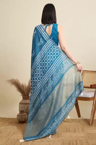 Blue printed color block embellished cotton silk bollywood saree with blouse