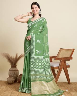 Light green printed color block embellished cotton silk bollywood saree with blouse 1