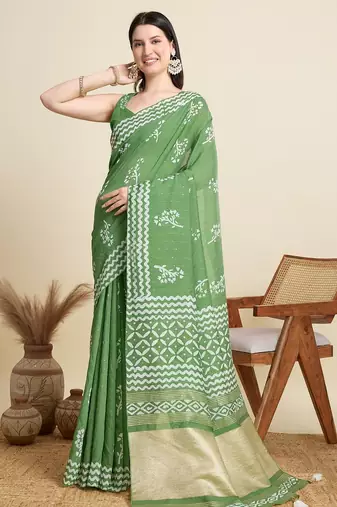 Light green printed color block embellished cotton silk bollywood saree with blouse
