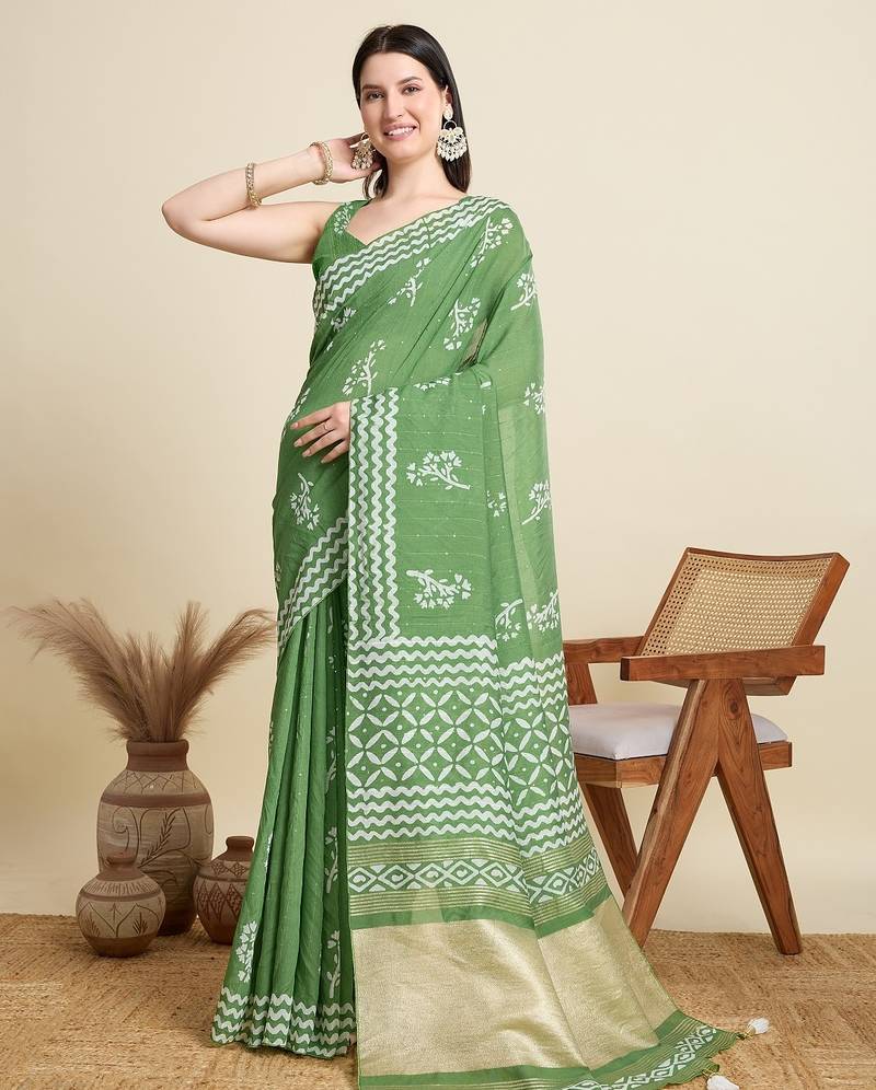 Light green printed color block embellished cotton silk bollywood saree with blouse