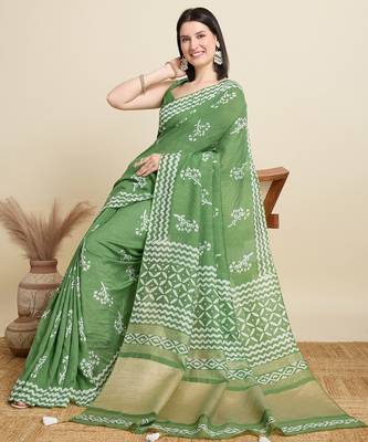 Light green printed color block embellished cotton silk bollywood saree with blouse 2