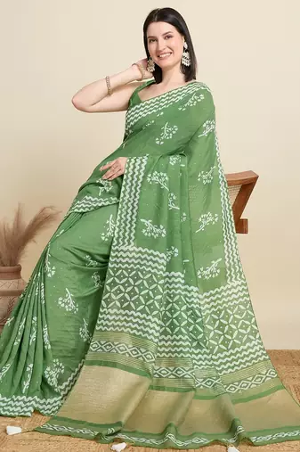 Light green printed color block embellished cotton silk bollywood saree with blouse