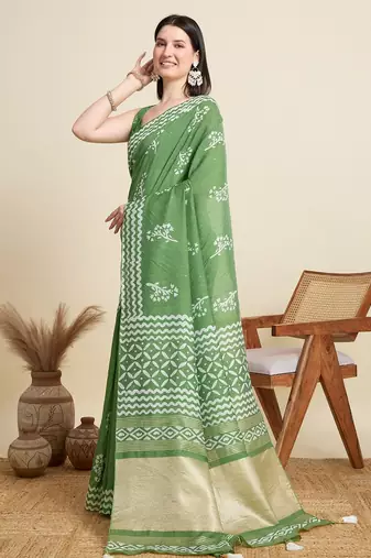 Light green printed color block embellished cotton silk bollywood saree with blouse