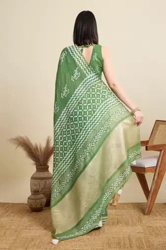 Light green printed color block embellished cotton silk bollywood saree with blouse