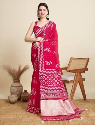Pink printed color block embellished cotton silk bollywood saree with blouse 1