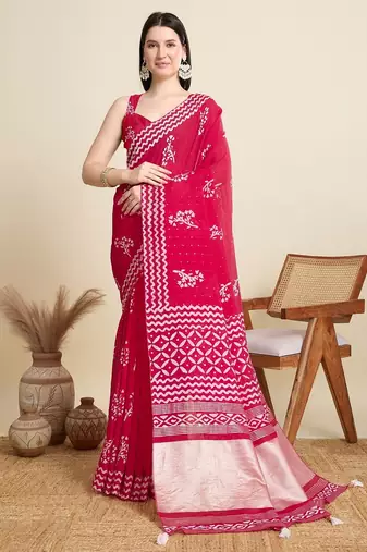 Pink printed color block embellished cotton silk bollywood saree with blouse