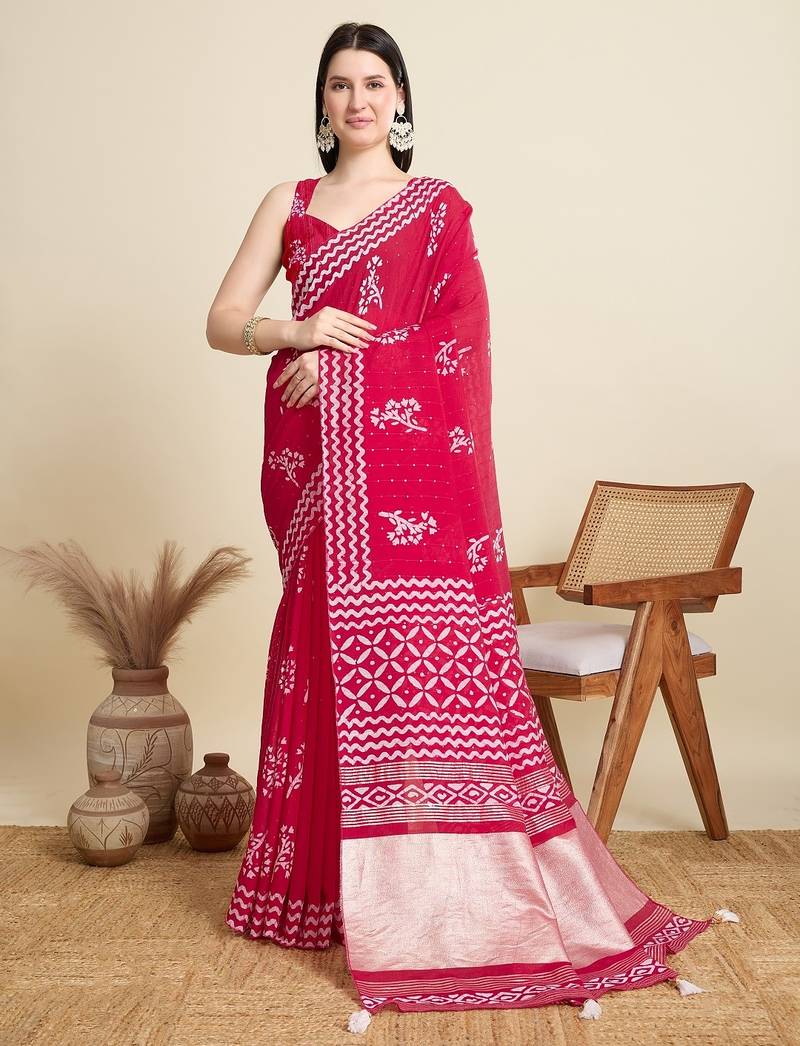 Pink printed color block embellished cotton silk bollywood saree with blouse
