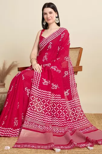 Pink printed color block embellished cotton silk bollywood saree with blouse