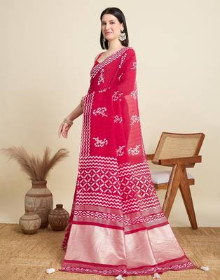Pink printed color block embellished cotton silk bollywood saree with blouse 3