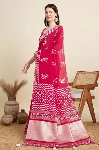 Pink printed color block embellished cotton silk bollywood saree with blouse
