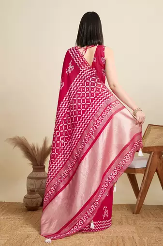 Pink printed color block embellished cotton silk bollywood saree with blouse
